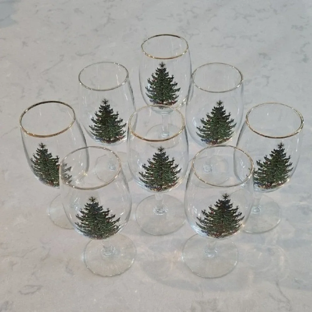 SET OF 8 Spode Christmas Tree Wine Glasses 22k Gold Rim 6.5